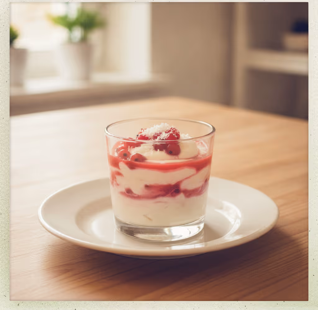 Eiweißkick mit Kokosraspel und Johannisbeeren, fertig angerichtet