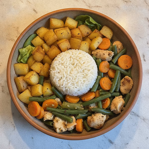 Herzhafte Bohnen-Hähnchen Pfanne mit Reis, KI-generiertes Bild