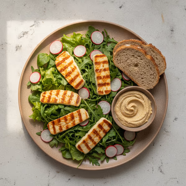 Leichter Sommersalat mit Grillkäse, KI-generiertes Bild