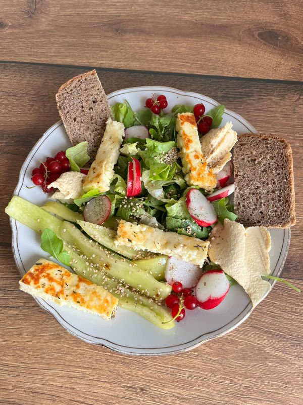 Leichter Sommersalat mit Grillkäse, Originalfoto