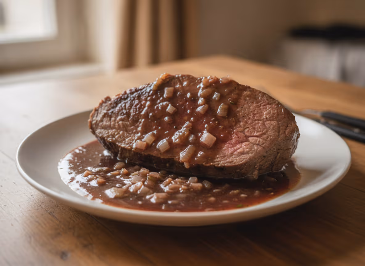 Rinderbraten in Rotweinsoße, fertig angerichtet