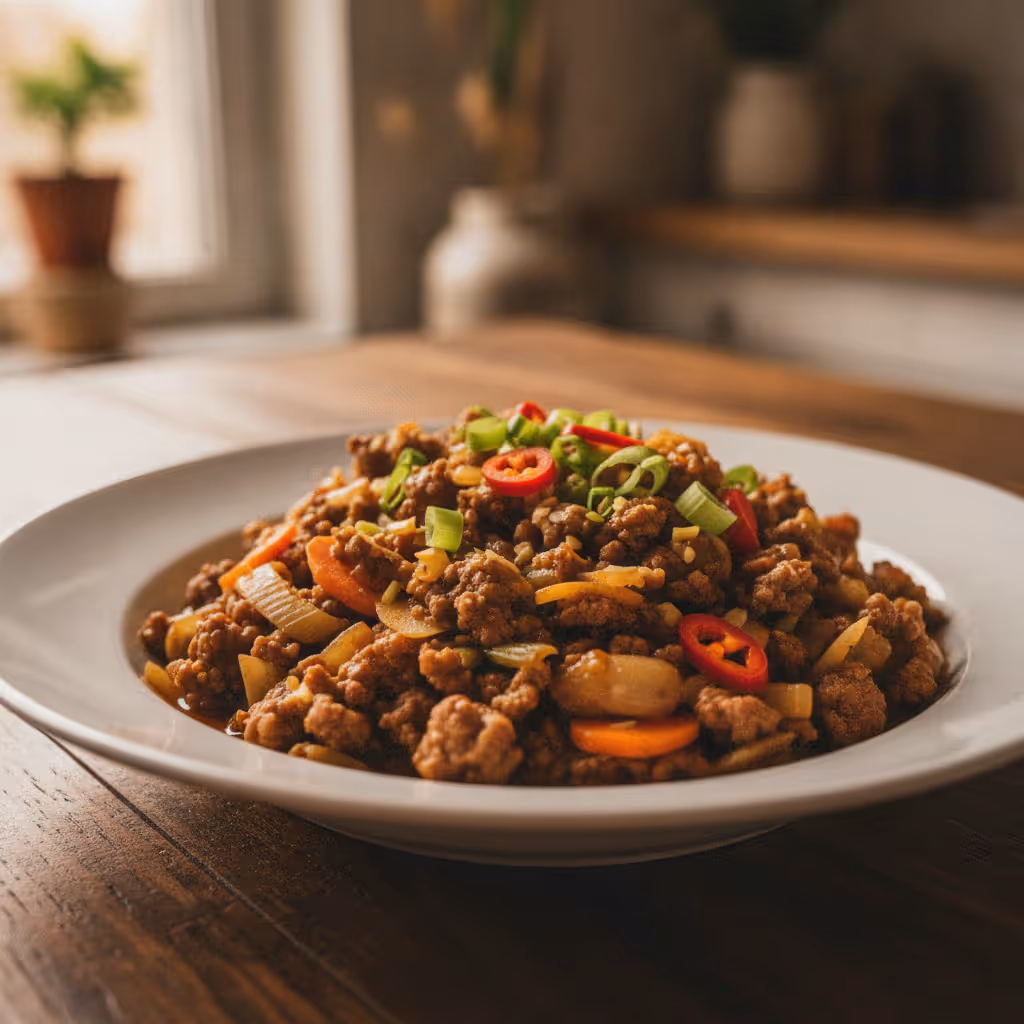 Asiatischer Hackfleischtopf, fertig angerichtet