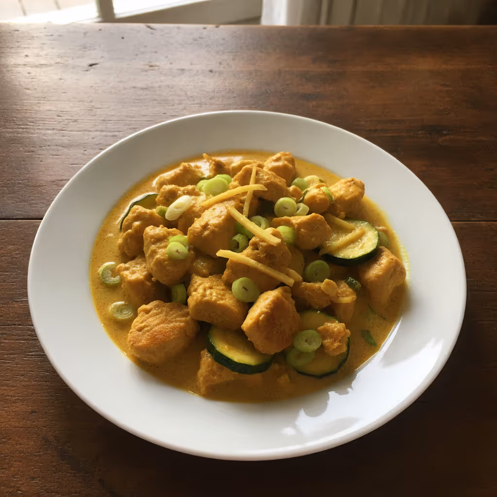 Asiatisches Hühnchen in Kokosmilch, fertig angerichtet