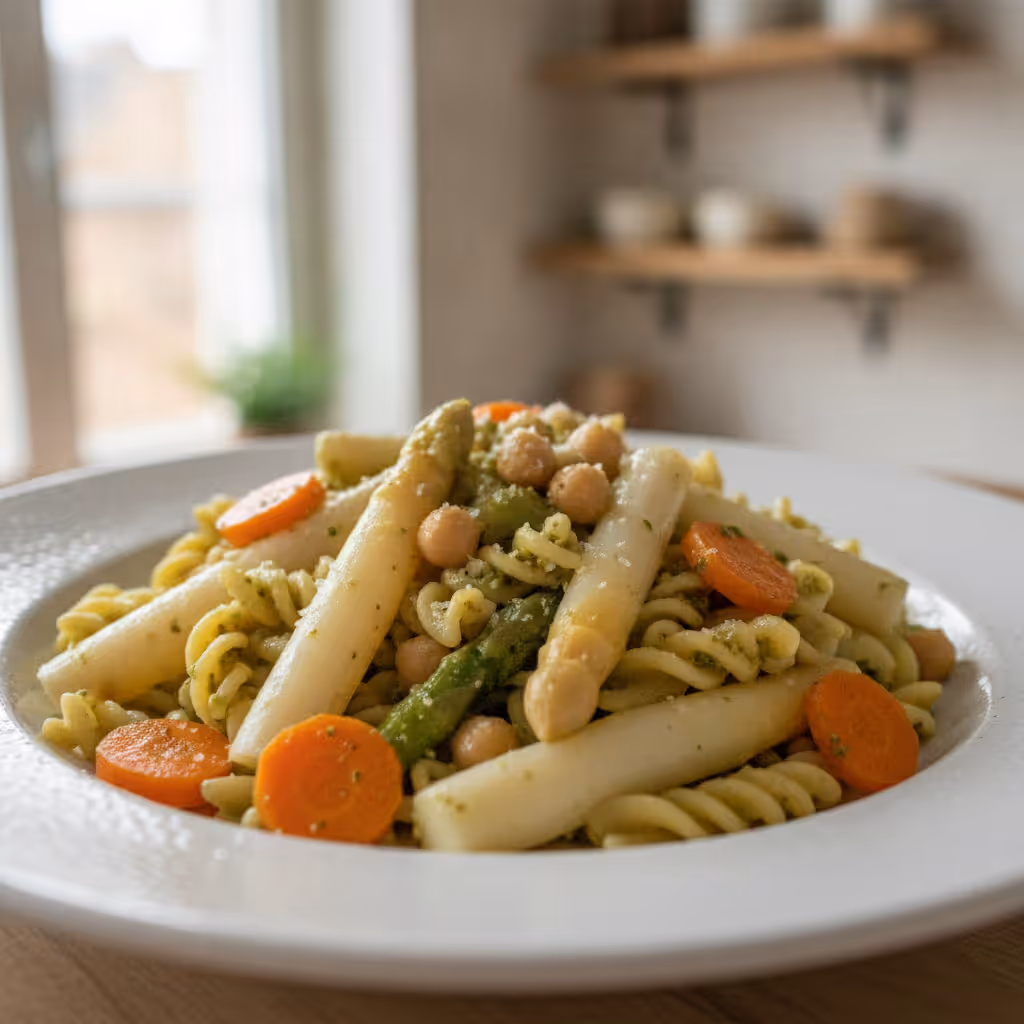 Basilikum-Kichererbsen-Pesto mit Spargel und Mudeln