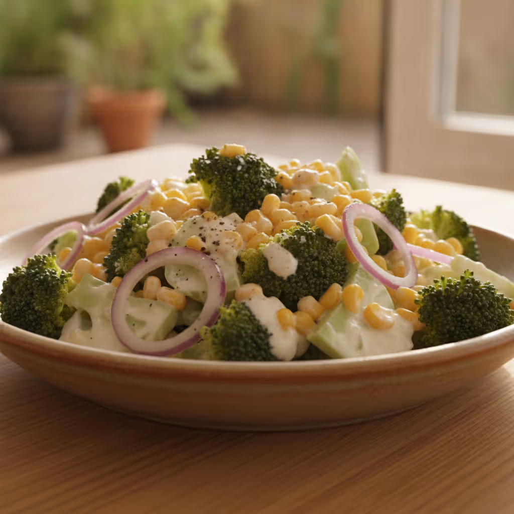 Brokkoli Mais Salat, fertig angerichtet