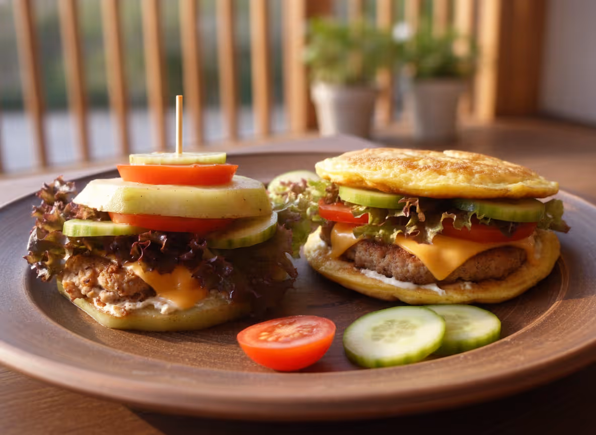 Burger ohne Brot: Kohlrabi-Burger und Omelett-Burger, fertig angerichtet