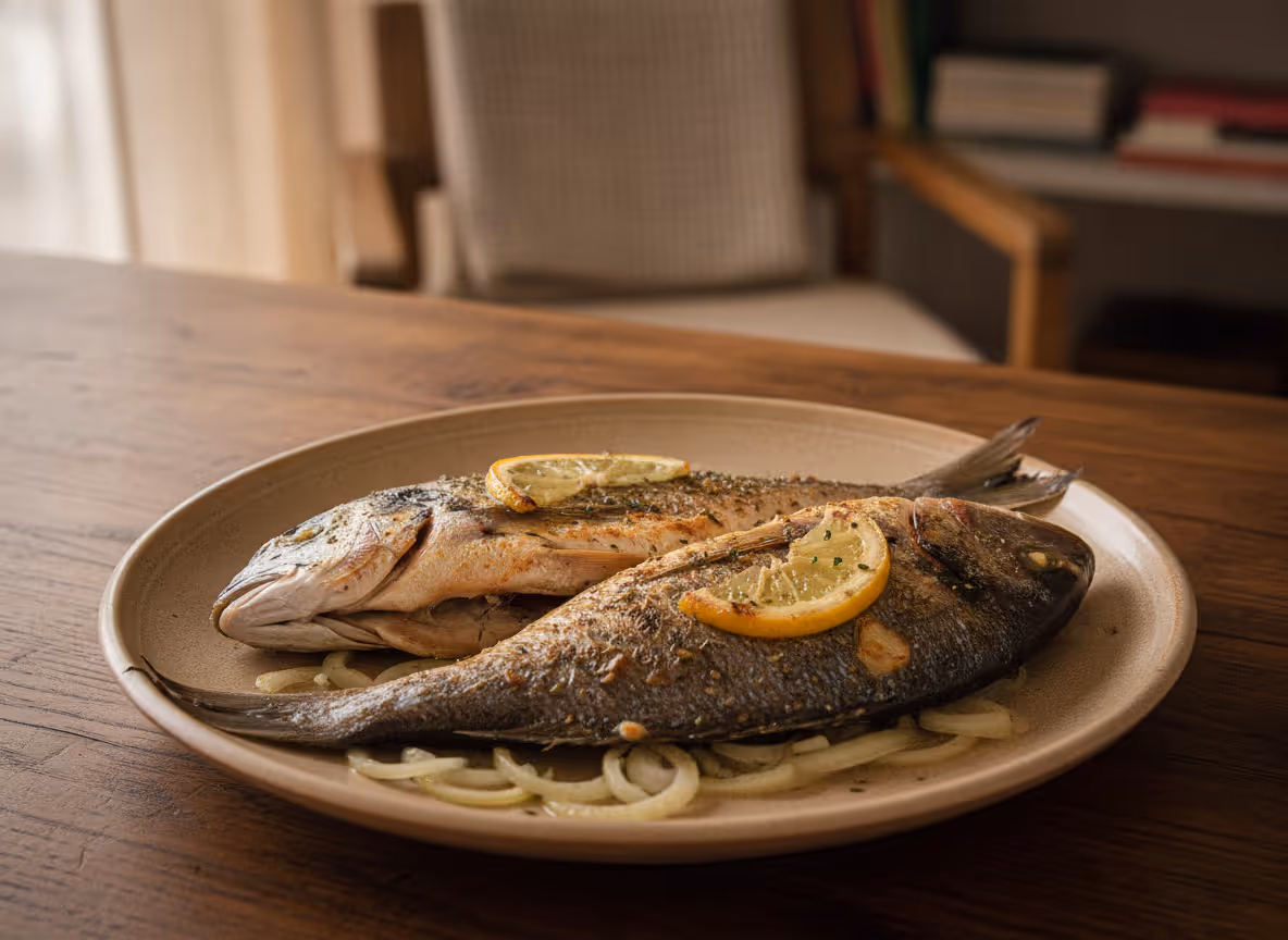 Dorade aus dem Ofen, fertig angerichtet