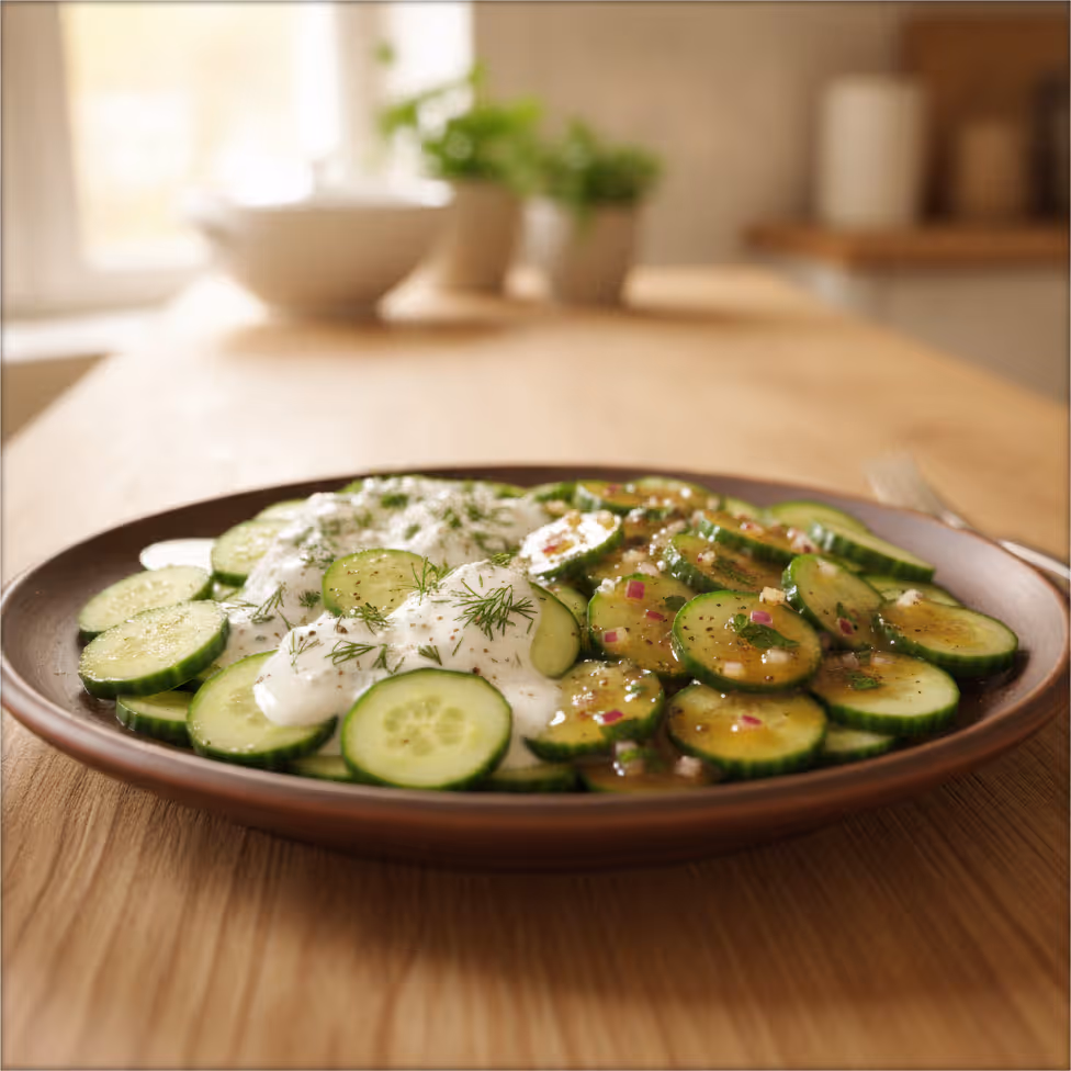 Dressings für Gurkensalat, fertig angerichtet