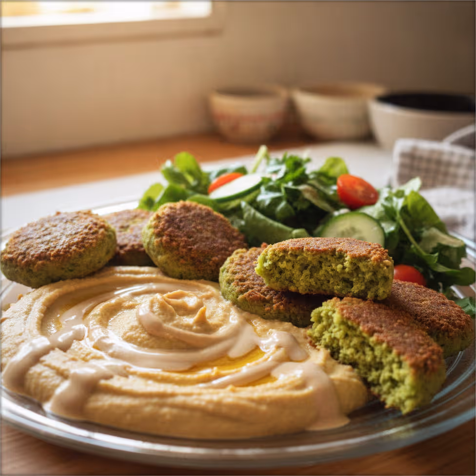 Falafel mit Hummus, Tahini und Salat, fertig angerichtet