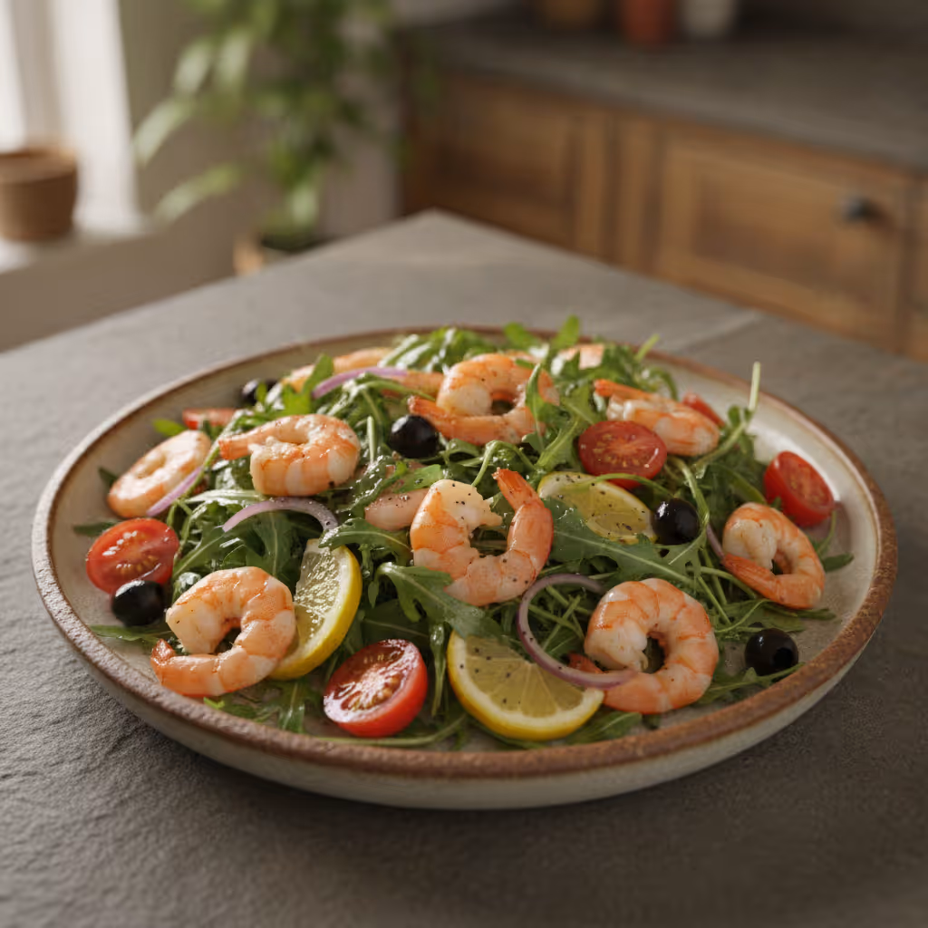 Garnelen-Rucola-Salat, fertig angerichtet
