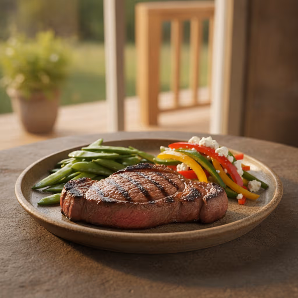 Gegrilltes Rindersteak mit Zuckererbsen und Paprikasalat, fertig angerichtet