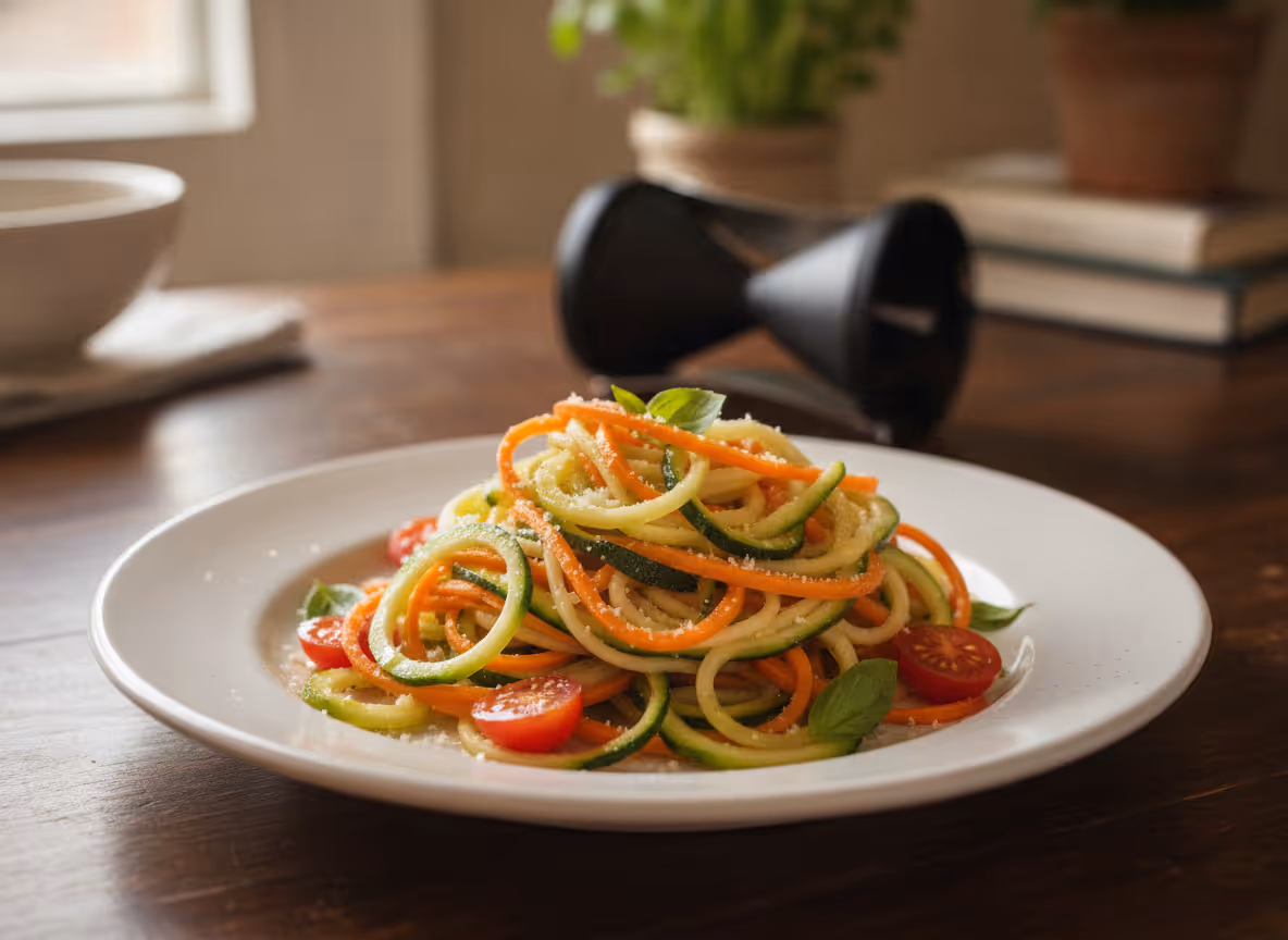 Gemüse-Spaghetti mit dem Gemüse-Schneider, fertig angerichtet