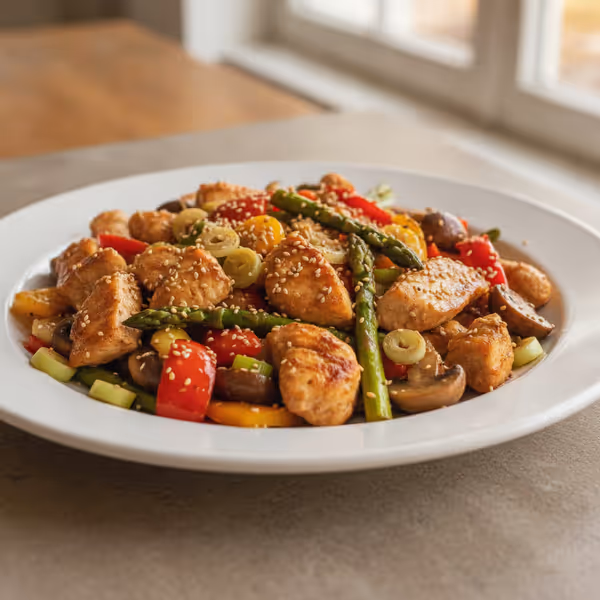 Gemüsepfanne mit Hühnchen und Sesamsauce