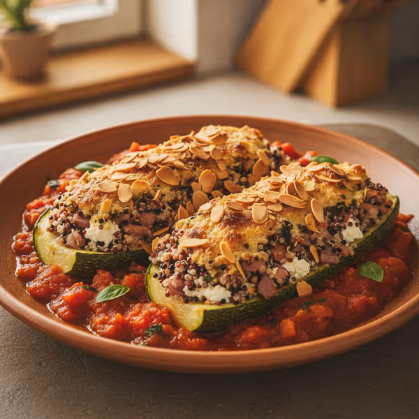 Gratinierte Zucchini mit Quinoafüllung und Tomatensauce