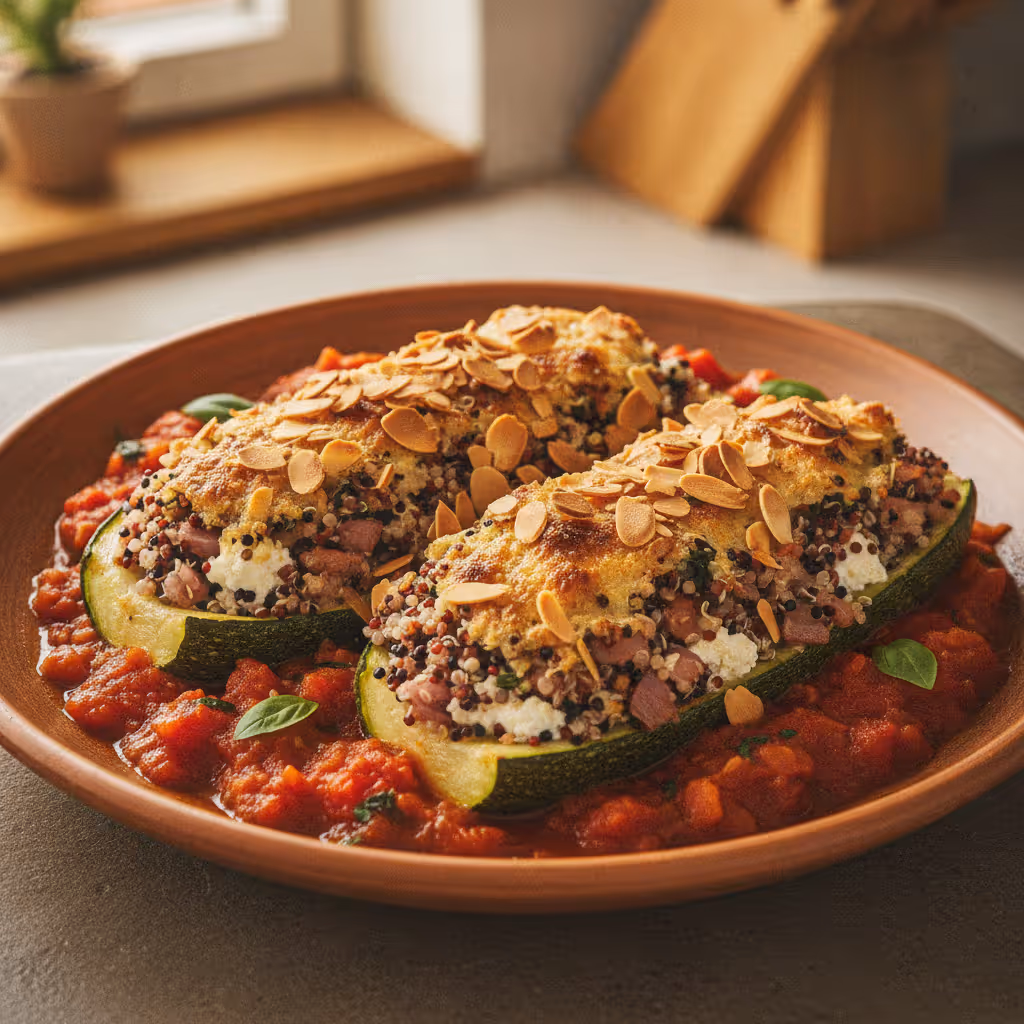 Gratinierte Zucchini mit Quinoafüllung und Tomatensauce