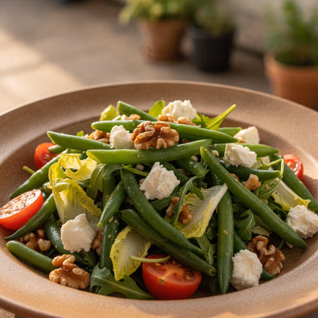 Grüne Bohnen Salat mit Schafskäse und Nüssen, fertig angerichtet
