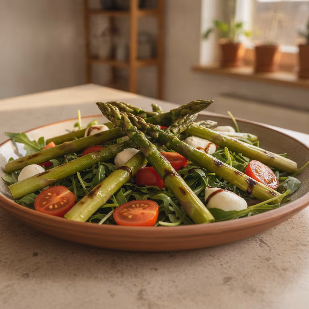 Grüner Spargel auf Rucola, fertig angerichtet