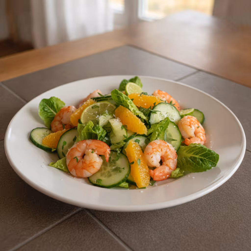 Gurken-Orangen-Salat mit Scampis, fertig angerichtet