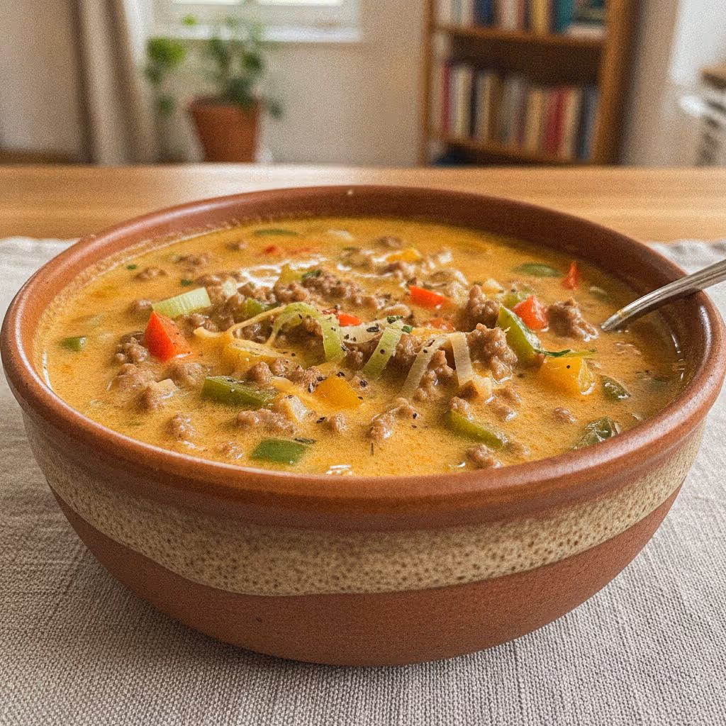 Hackfleisch-Lauch-Paprika-Käse-Suppe, fertig angerichtet