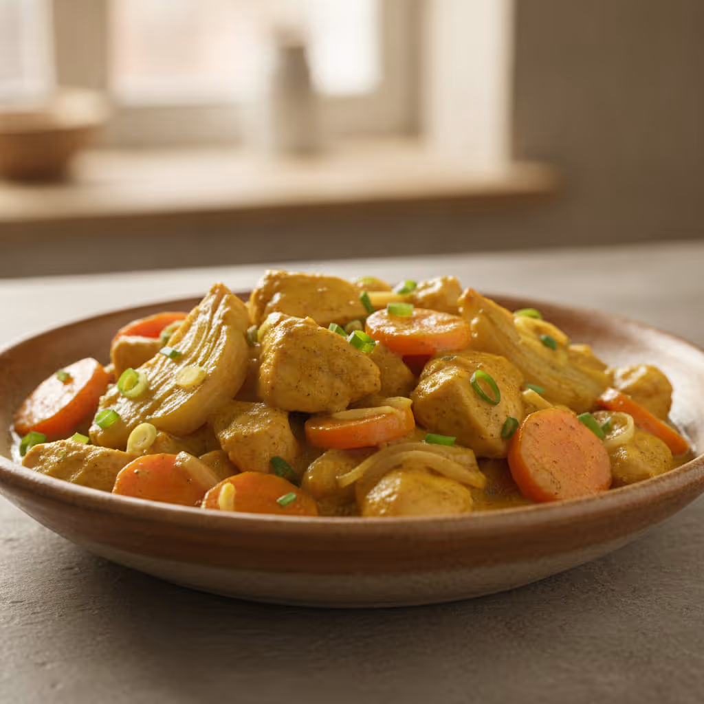 Hähnchen-Curry mit Fenchel und Möhren, fertig angerichtet
