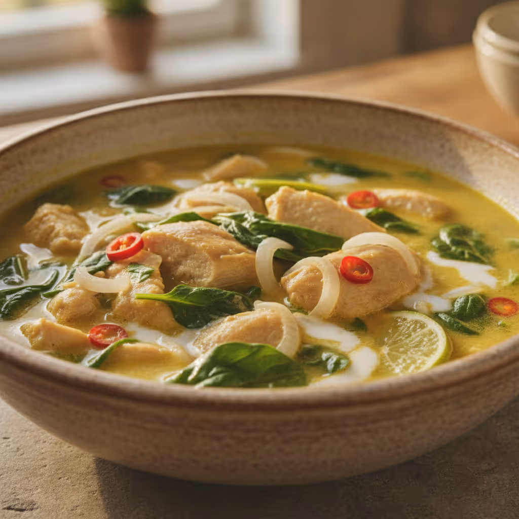 Hühnersuppe mit Spinat, fertig angerichtet