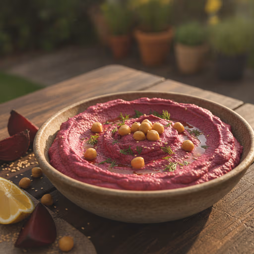 Hummus mit rote Beete, fertig angerichtet