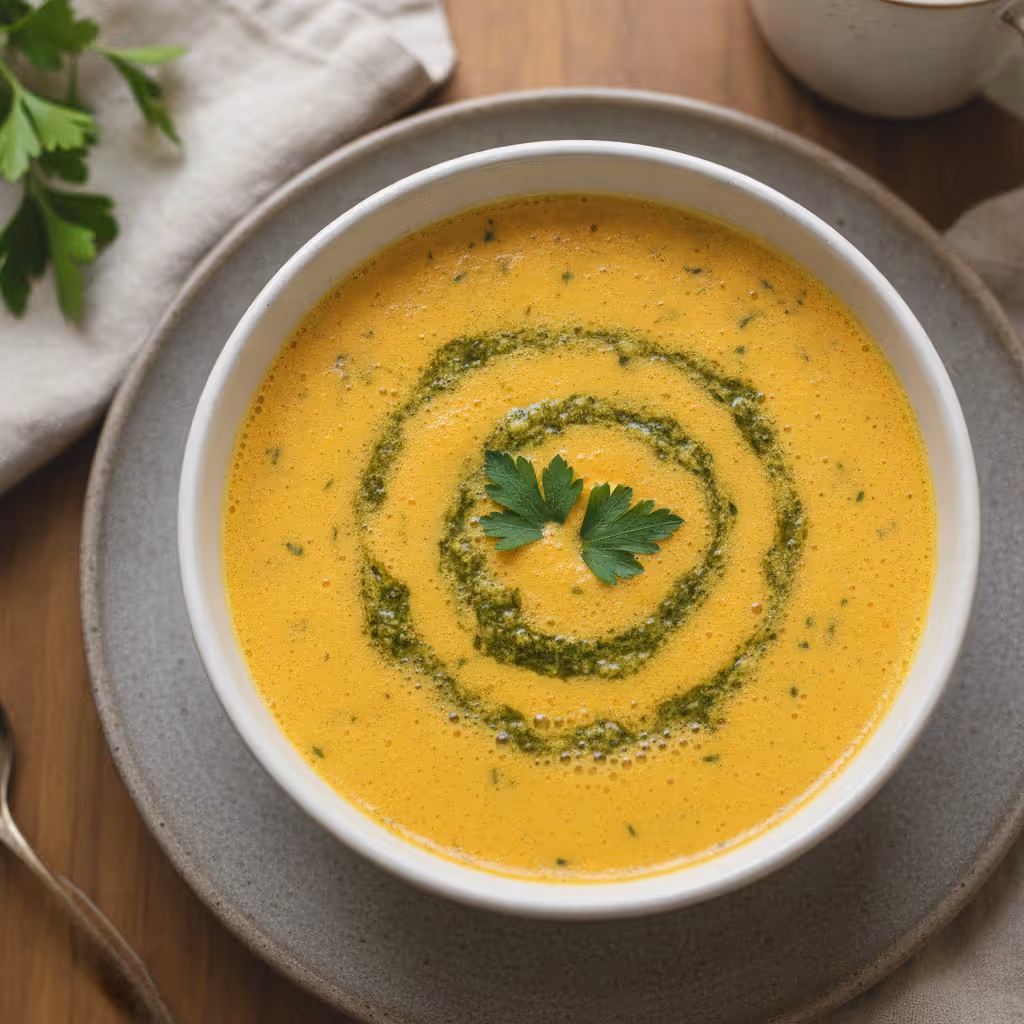 Karottenschaumsuppe mit Petersilienpesto, fertig angerichtet
