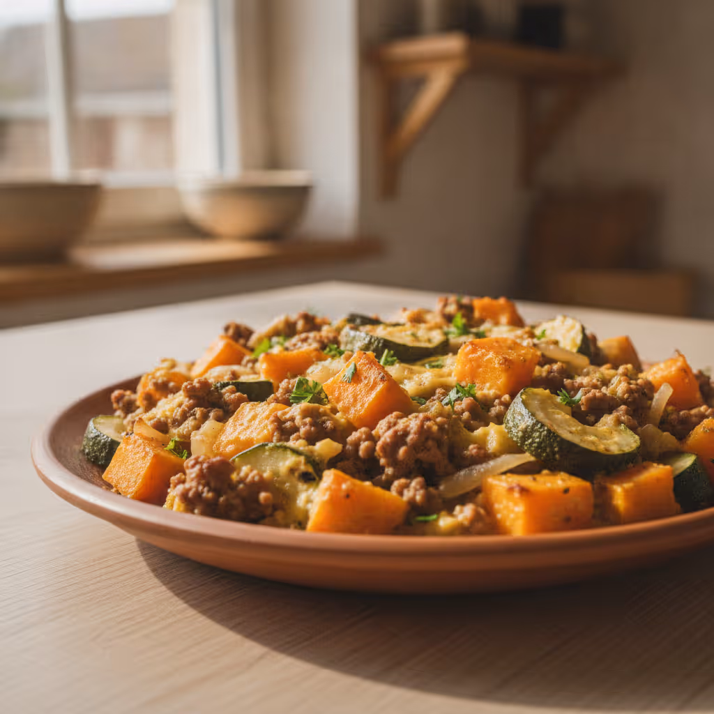 Kürbis-Zucchini-Hack-Auflauf, fertig angerichtet