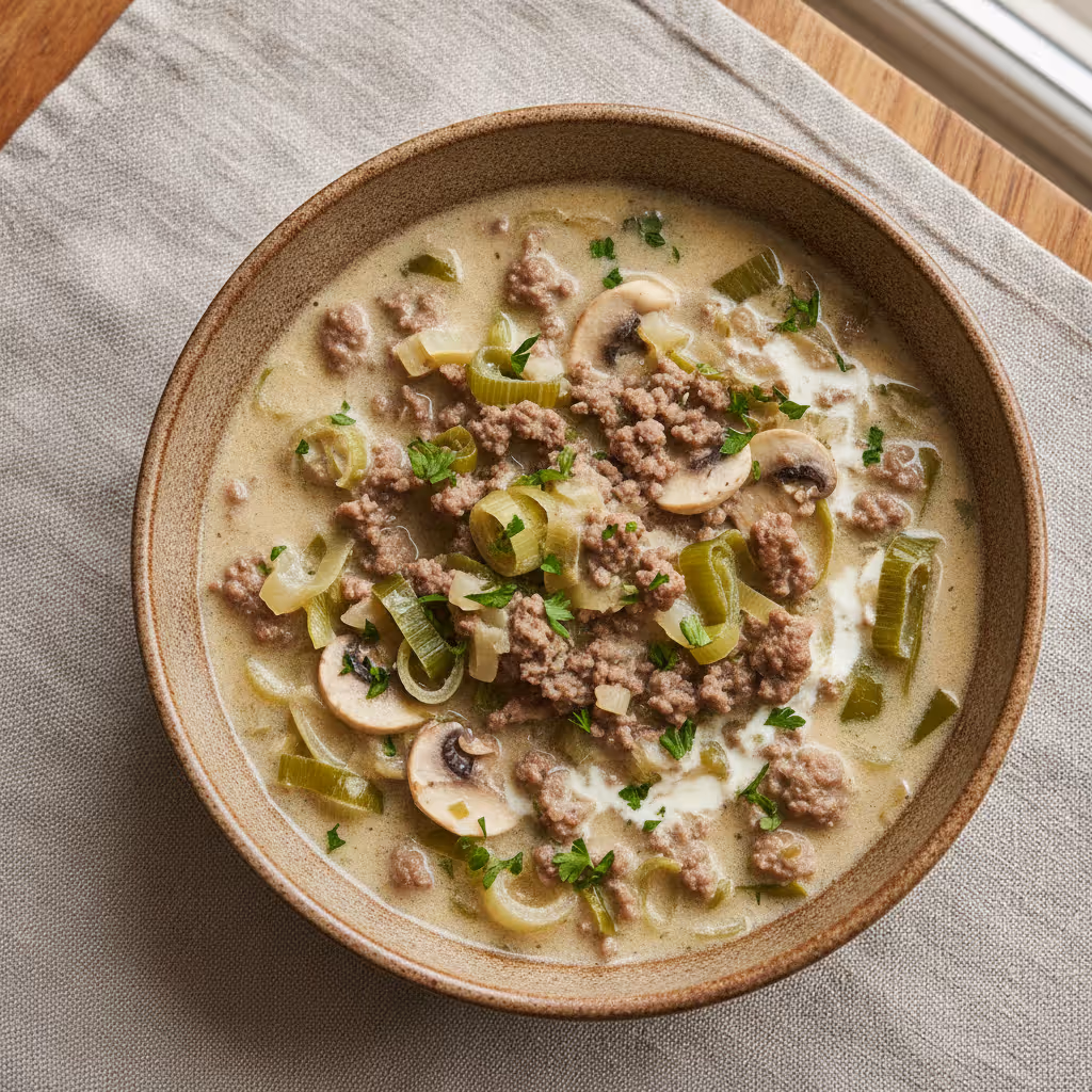 Lauchsuppe mit Hack, fertig angerichtet