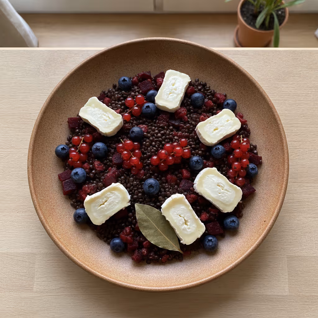 Linsen-Rote-Beete-Salat mit Beeren und Ziegenkäse, fertig angerichtet