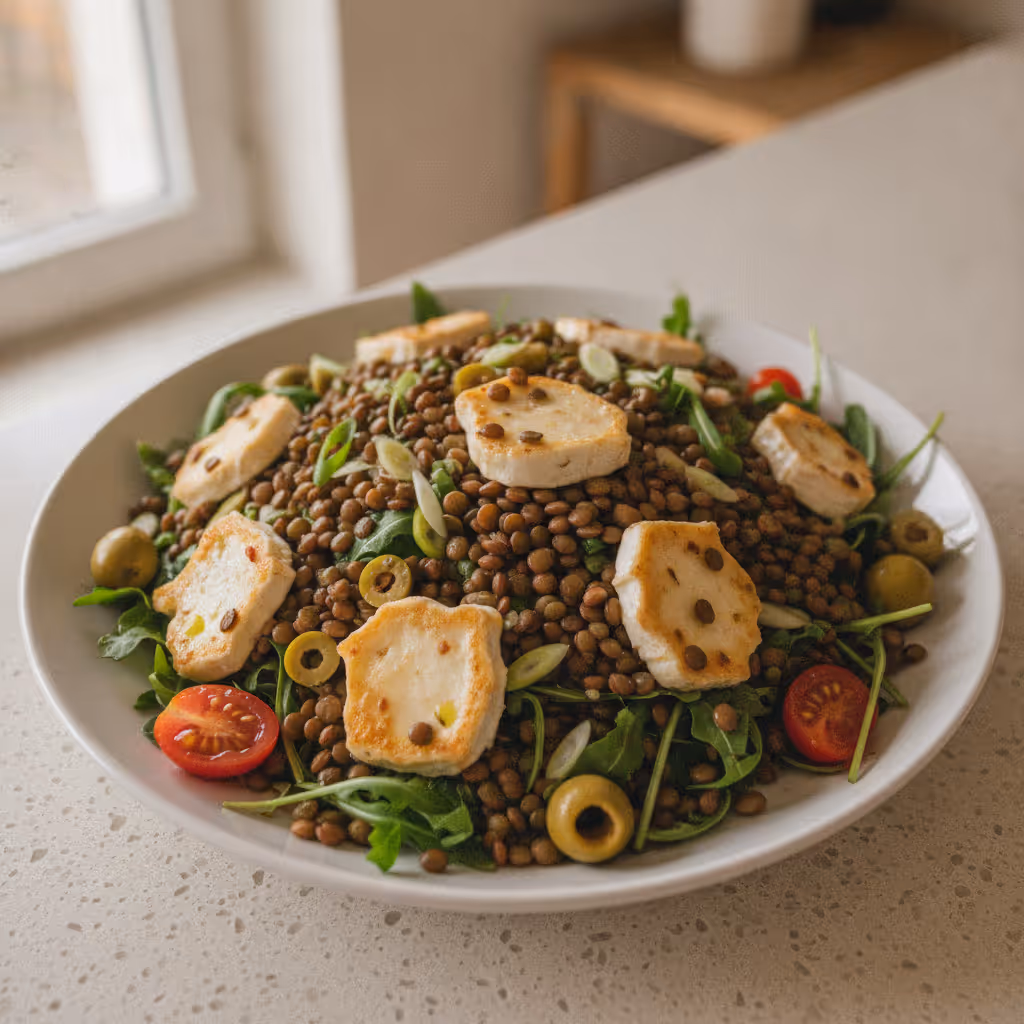 Linsensalat mit Ziegenkäse auf Rucola, fertig angerichtet