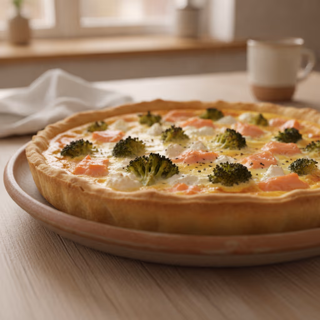 LOGIsche Quiche mit Brokkoli und Lachs, fertig angerichtet