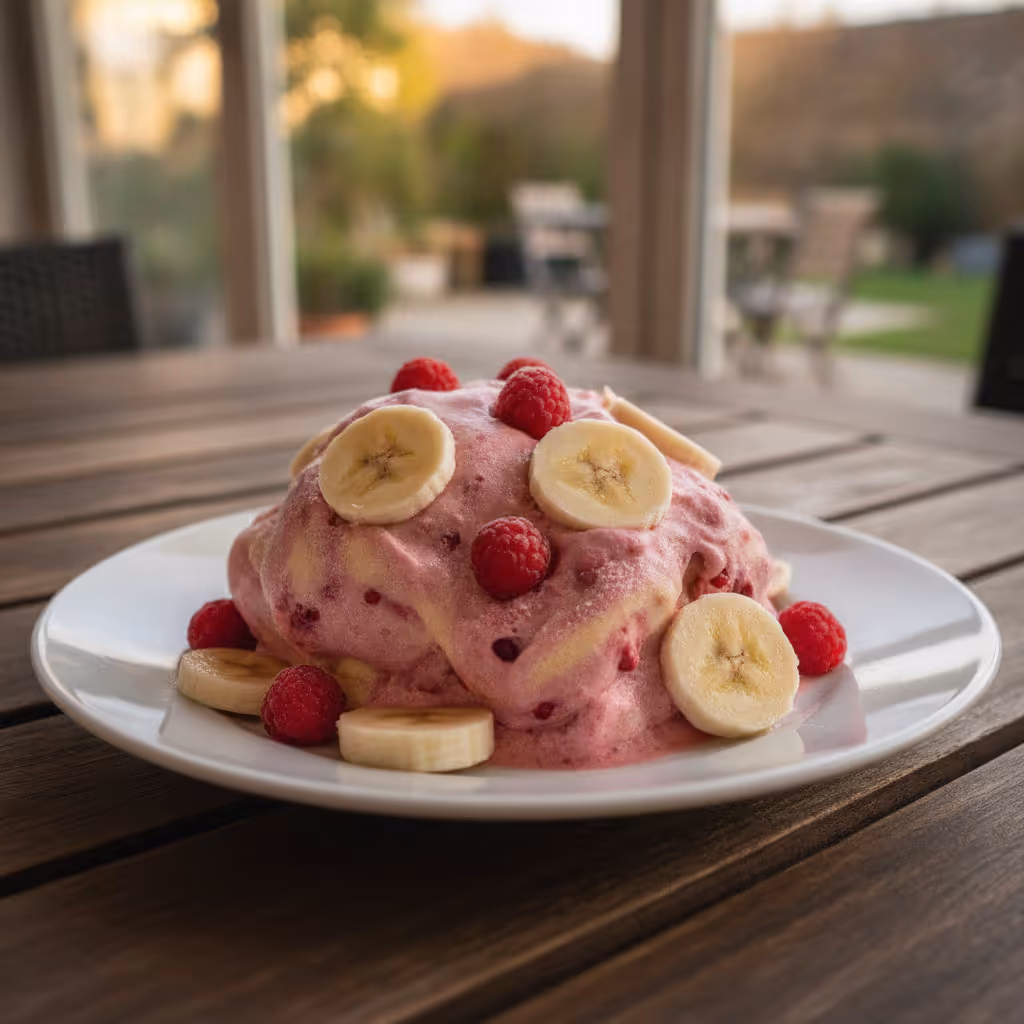 Sahniges Himbeer-Bananen Eis selber machen, fertig angerichtet