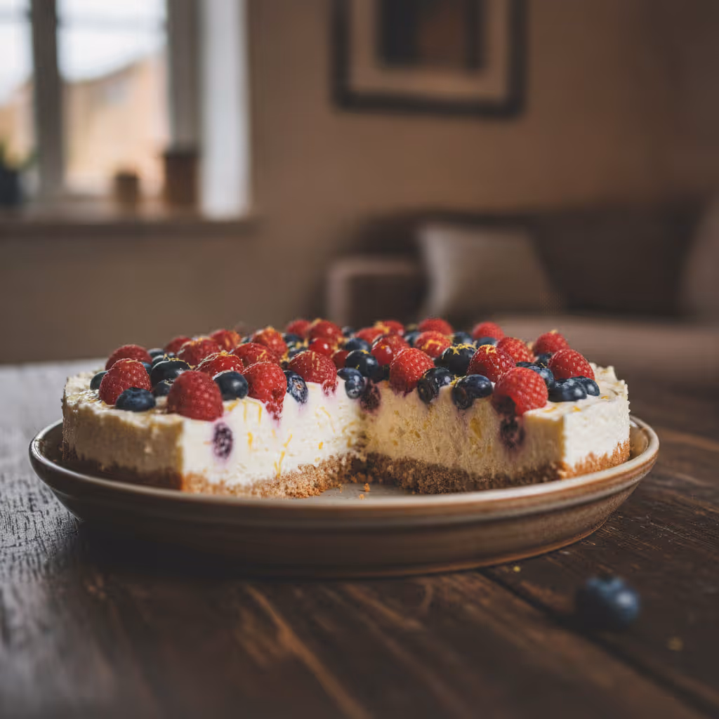 Low Carb Frischkäse Torte mit Beeren, fertig angerichtet