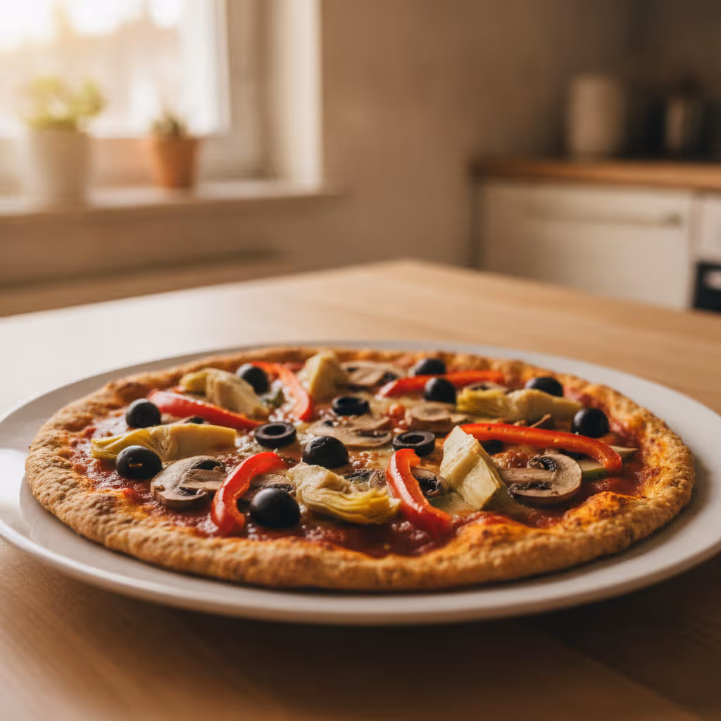 Low Carb Pizzateig aus Leinsamen und Chiasamen von Lizza, fertig angerichtet