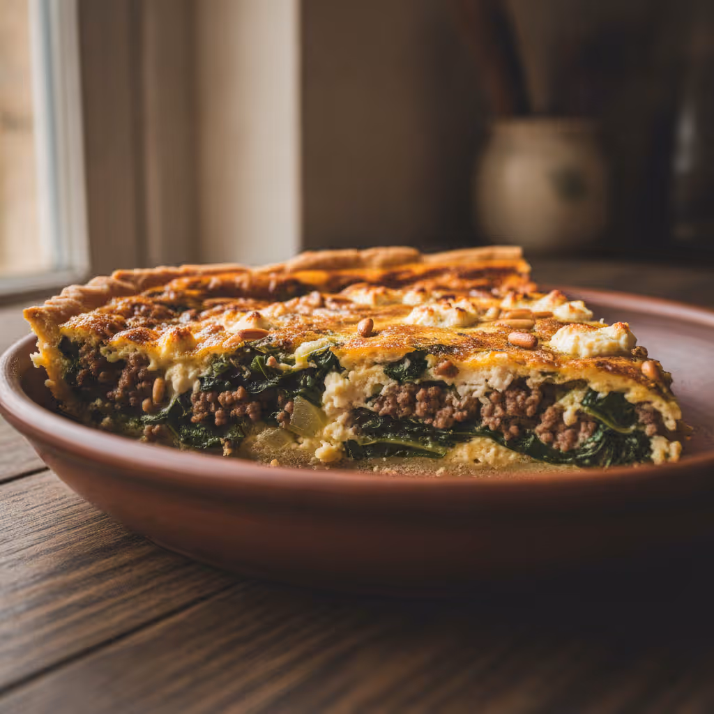 Low Carb Quiche mit Mangold, Hack und Schafskäse