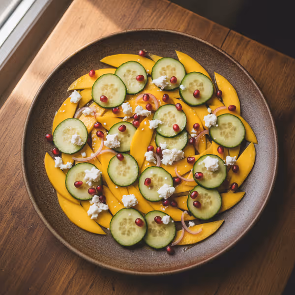 Mango-Gurken-Carpaccio mit Schafskäse und Granatapfelkernen, fertig angerichtet