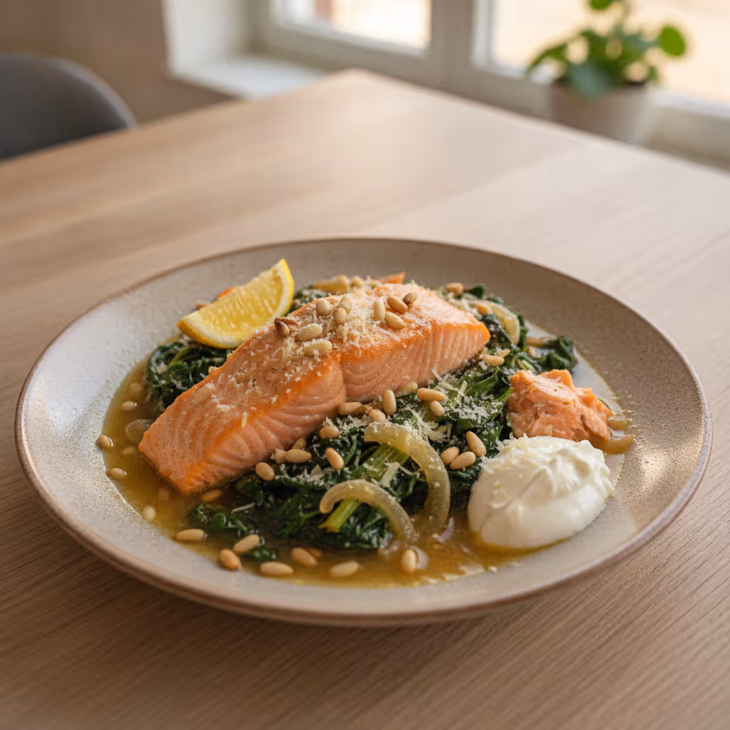 Mangold-Lachs-Pfanne mit Pinienkernen und Parmesan, fertig angerichtet