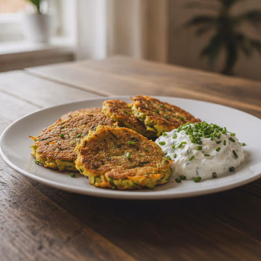 Möhren-Zucchini-Puffer mit Kräuterquark
