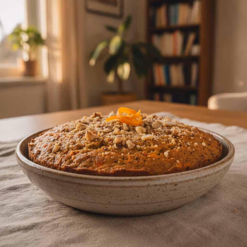 Möhrenkuchen, fertig angerichtet
