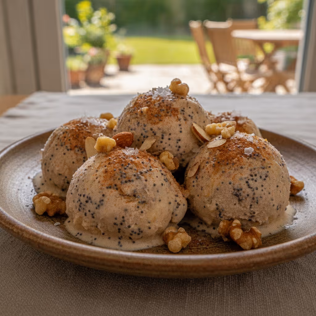 Mohn-Nuss-Zimt-Eis, fertig angerichtet