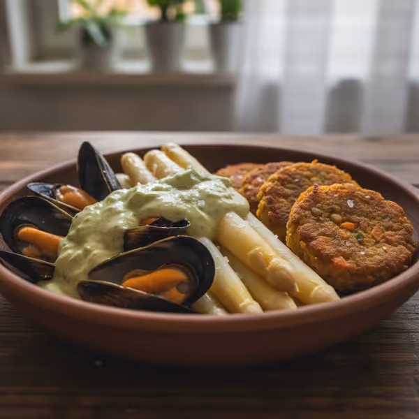 Mudeln mit Spargel, Linsen-Frikadellen und Limettenschmand