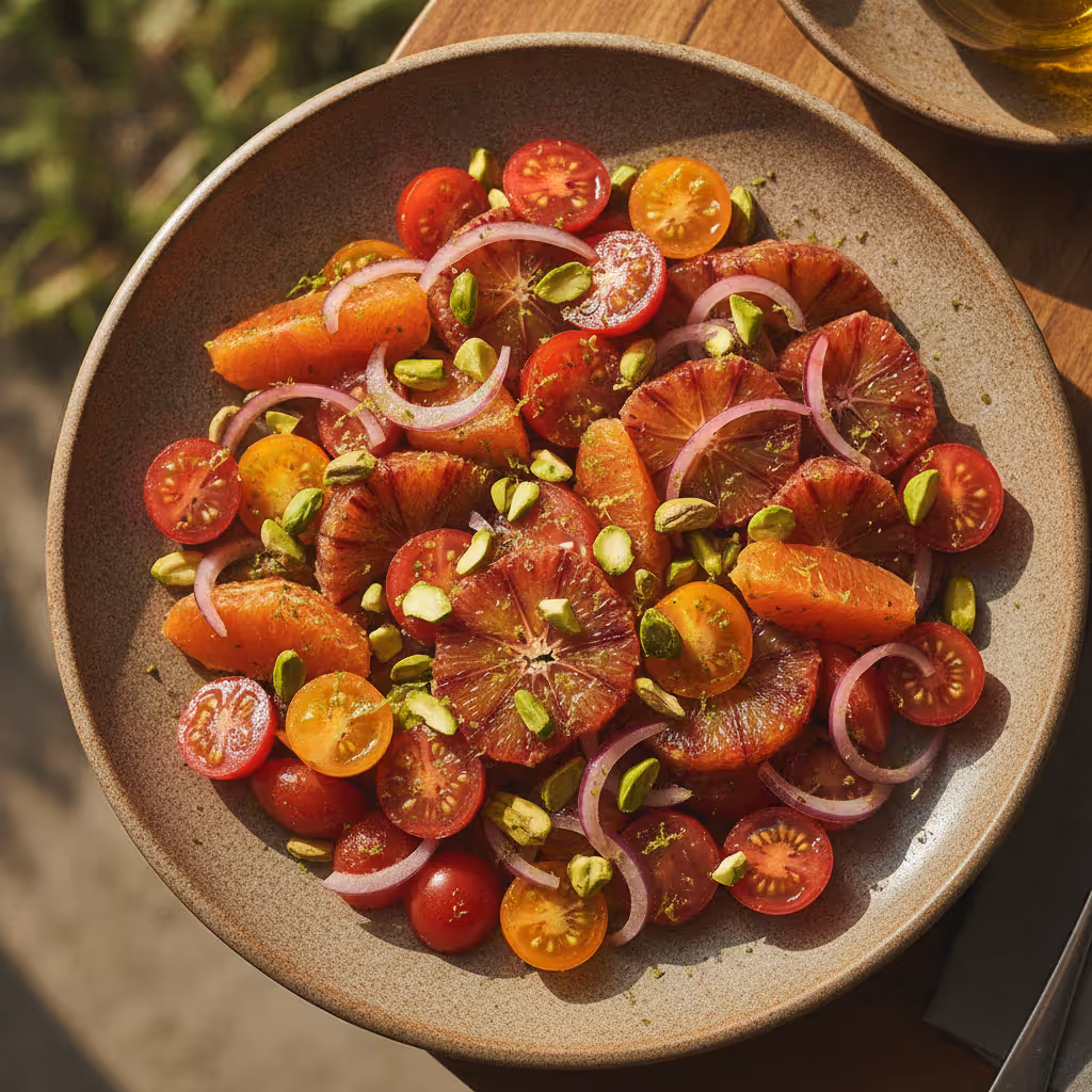 Orangen-Pistazien-Tomaten-Salat, fertig angerichtet