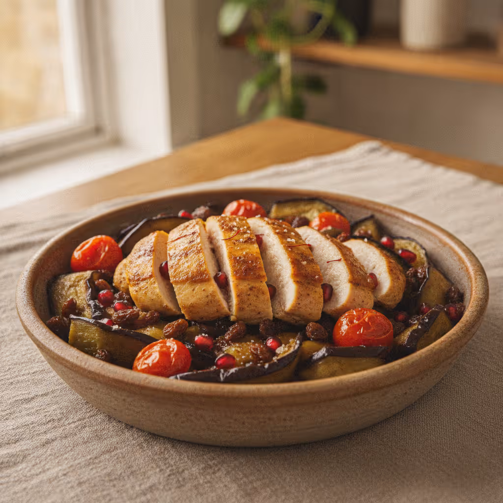 Orientalische Hähnchenbrust an Auberginen mit Tomaten und Granatapfel
