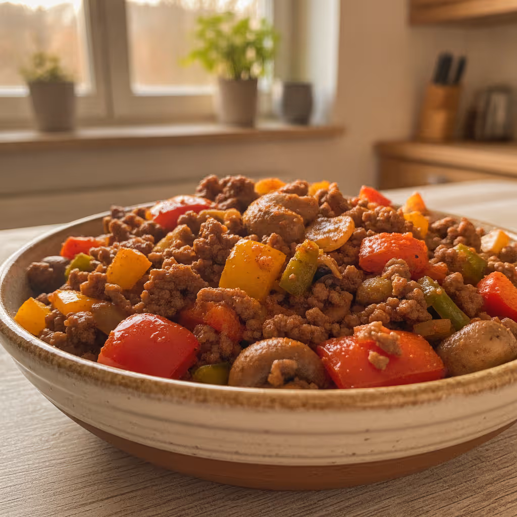 Paprika-Hackfleisch-Pfanne, fertig angerichtet