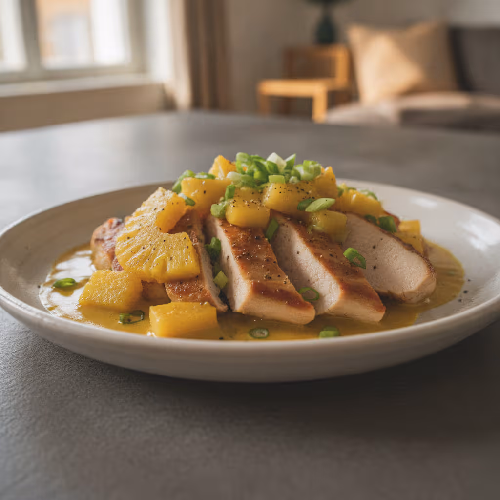 Putenbrust mit Ananas, fertig angerichtet