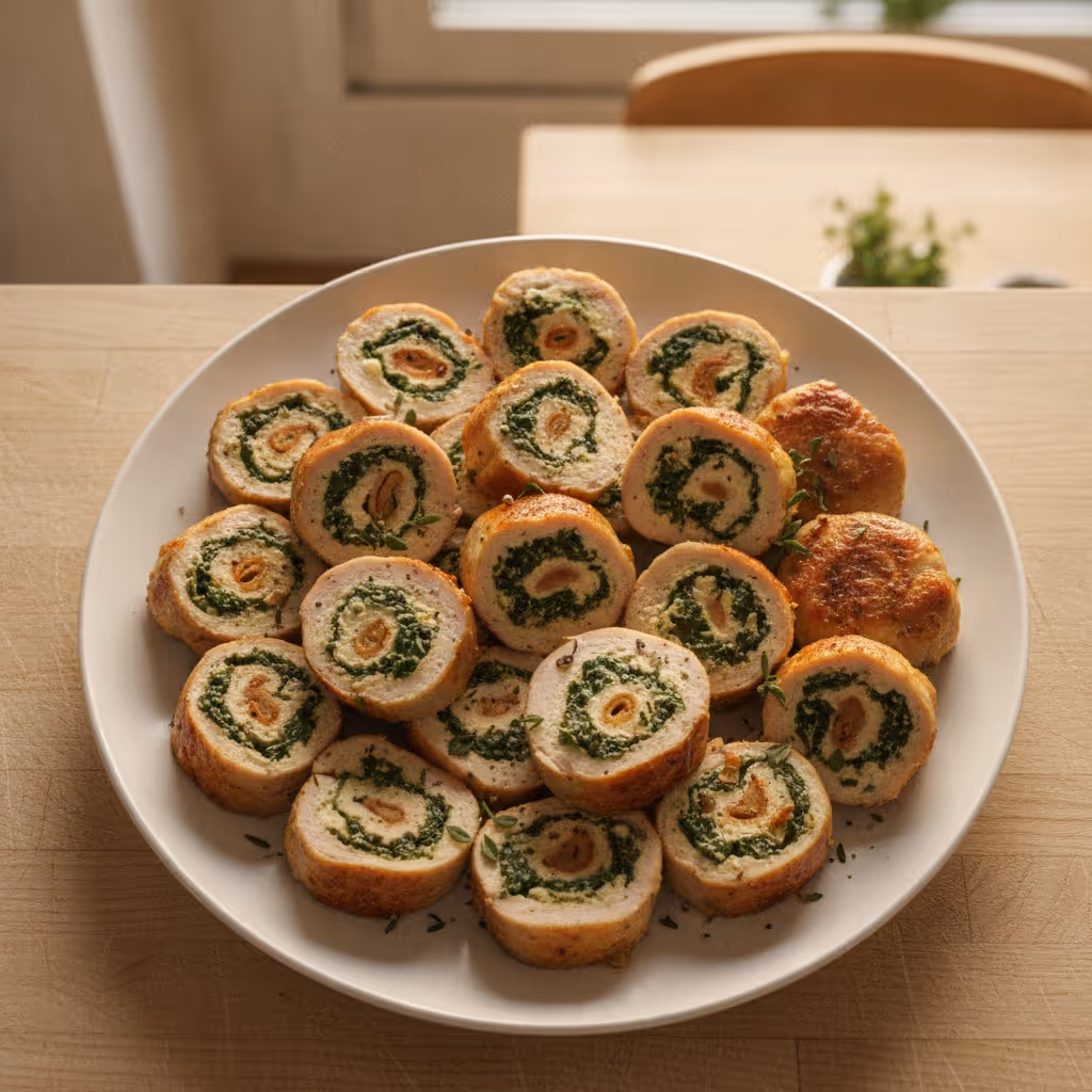 Putenbrust-Spinat-Röllchen, fertig angerichtet
