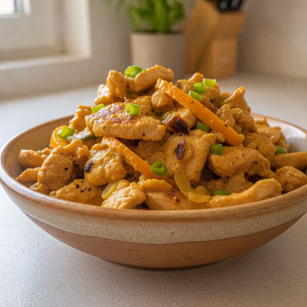 Putengeschnetzeltes in Orangen-Currysoße, fertig angerichtet