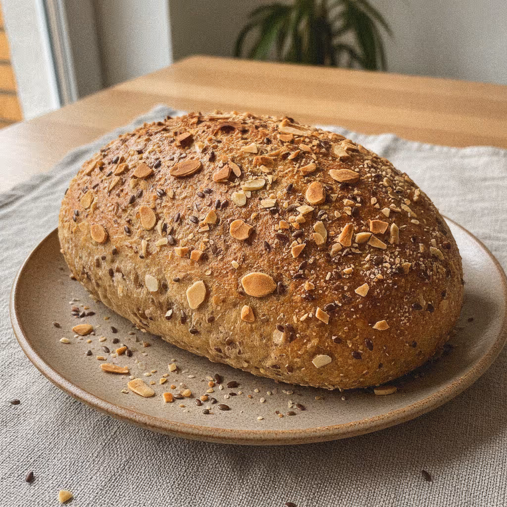 Quark-Leinsamen-Brot mit Mandelkruste