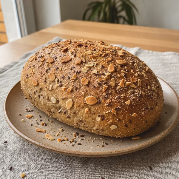 Quark-Leinsamen-Brot mit Mandelkruste